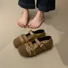 Sapatos Birkenstock de Lã Cinza com Solado Grosso Feminino 2026 Outono/Inverno Novos Sapatos de Salto Único Mary Jane Mocassins Sapatos Peludos