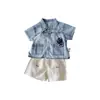 Conjunto Ligero de Mezclilla para Niños, Camisa para Niño Pequeño, Amigable con la Piel y Cómoda, Shorts Casuales de Color Sólido, Conjunto de Dos Piezas, Ropa de Verano para Niños