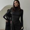 En Stock Moda Europea y Americana Otoño e Invierno Sexy Vestido Largo Bodycon con Tirantes y Abertura Alta Nuevo Vestido Ajustado de Cuello Alto para Chica Caliente