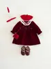 Vestido de terciopelo para niñas con ribete de encaje vintage vestido de princesa con perlas estilo coreano elegante bata de manga larga para niños