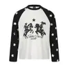 2026 Universo Independiente Retro Americano Estrella Ecuestre Manga Larga Raglán Bloque de Color Holgada Versátil Casual Camiseta