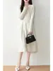 Vestido de punto de lana pura con cuello redondo hueco y falda plisada para mujer, nuevo para otoño e invierno, suéter, falda hasta la rodilla, falda base