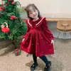 Vestido Rojo con Cuello de Perlas, Forro de Felpa, Engrosado, Estilo Occidental, Ropa de Año Nuevo para Niñas Pequeñas y Medianas, Nuevo 2024