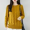 Suéter de punto 100% algodón puro para mujer, cuello redondo, patrón trenzado, cálido y versátil para otoño e invierno, top holgado de manga larga
