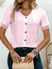 Moda Femenina Transfronteriza Primavera/Verano 2025 Estación Independiente de Amazon Europea y Americana Nueva Camiseta Jacquard Hueco Cuello en V Botón Encaje Patchwork