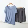 Conjunto informal de dos piezas para mujer, camiseta de manga corta con cuello en V talla grande y shorts, conjunto de pijama de modal de verano