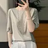 Uma peça de 1,1kg=====Camiseta feminina com gola redonda, manga três quartos, modelagem solta, versátil, cor lisa, simples e elegante, manga curta, verão