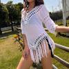 Blusa de playa para exteriores tejida calada con cuello en V ganchillo a mano holgada sexy diadema borla protección solar blusa bikini