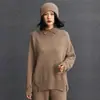 2025 Novo Outono e Inverno Feminino Solto Caxemira Gola Alta Fenda Silhueta Cor Pura Suéter Malha Básica