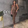 Vestido Feminino de Verão 2025 Sexy com Estampa de Leopardo, Gola Halter, Costas Abertas, Cetim, Slim Fit, Drapeado, Bloco de Cores, Decote V Profundo