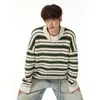 Suéter Retrô Americano Color Block com Listras Gola Redonda para Homens e Mulheres Outono Tendência Marca Cardigan Preguiçoso Solto Modelagem Relaxada Peça de Roupa Externa
