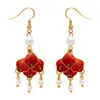 Nuevos Pendientes Rojos Estilo Chino con Flor Perla y Borla Diseño Nicho Moda Simple Elegantes con Esmalte