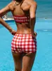 Bikini Transfronterizo Estilo Europeo y Americano, Cuadros Retro, Top de Tubo Sexy, Corte Cuadrado Conservador, Estilo Chica Pura Deseo, Traje de Baño para Vacaciones para Busto Pequeño