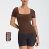 Nuevo Top de Yoga Transfronterizo de Manga Corta para Mujer, Estilo Kardashian, Cuello en U, Ajustado, Camiseta Deportiva para Correr y Fitness
