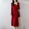 Vestido de Punto 100% Lana Pura para Mujer, Nuevo Vestido Largo Suéter Cuello en U Otoño/Invierno, Elegante Jersey Estilo Oficina