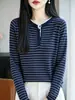 Suéter feminino de lã fina, design simples color-block, listras clássicas, efeito emagrecedor, elegante, adequado para o trabalho, top de tricô de manga longa