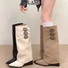 Botas largas de tacón alto de punta estilo chica hot europea y americana, botas de tacón alto de cuña por encima de la rodilla, botas de caña estrecha para personas menudas, botas de montar para mujer