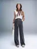 0140 Calça Larga Elástica de Cintura Ajustável com Cordão, Acolchoada com Lã e Forro de Seda Amora, para Mulheres, Outono e Inverno de Cintura Alta