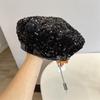 Boina Retrô Francesa com Lantejoulas de Escama de Peixe Luxo Acessível Popular Feminina Totalmente Cravejada de Diamantes Preto Indústria Pesada Chapéu de Pintor
