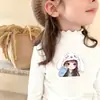 Camiseta de Base Delgada con Volantes para Otoño e Invierno para Niñas, Cuello Semi Alto, Camiseta de Manga Larga con Estampado de Dibujos Animados Lindo, Moderna