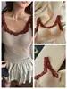 Colección Otoño e Invierno 3315 # Sujetador Camisola Rayado de Terciopelo Rock con Ribete de Encaje y Tirantes Anchos, Ropa de Abrigo para Mujer, Capa Interior y Camiseta Base