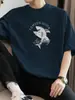 Camiseta Masculina de Manga Curta Estilo Americano Pesada 260g, Modelagem Solta, Algodão Puro, Gola Redonda, Estampa de Tubarão, Blusa de Verão 100% Algodão de Manga Meia