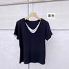 Camiseta de manga corta con cuello en V y diseño falso de dos piezas para mujer, verano nuevo, simple, alta elasticidad, suave, top tipo máscara, venta al por mayor para mujer