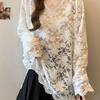 Shanli Dadi Camisa de manga comprida Outono Nova Base Chique Solta Doce Picante Oco Renda Top