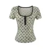 Camiseta de Malha com Bolinhas Americanas e Gola U de Manga Curta para Mulheres, Verão Emagrecedora Mostra-fino Com Botões Top de Base de Camada Curto de Alta Qualidade