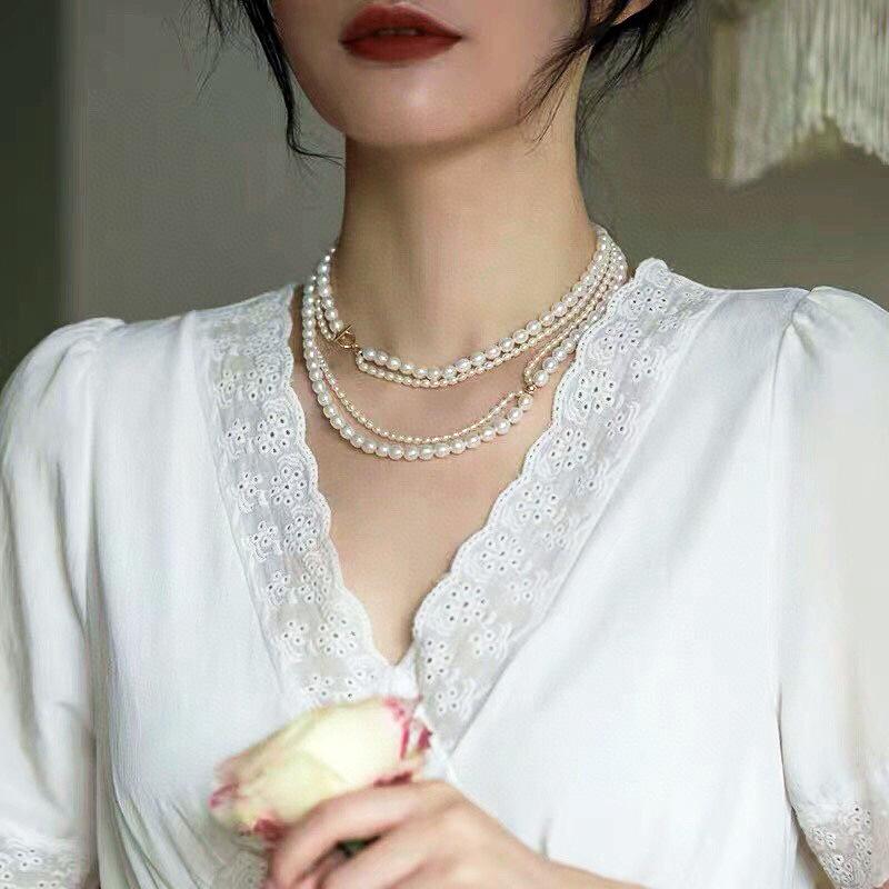 国潮 古风 气质双层大小天然 淡水珍珠 项链 法式