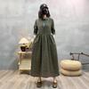 Vestido Novo de Primavera e Outono Retrô Floral Algodão e Linho Manga Longa Feminino Solto Cintura Ajustada Emagrecimento Lapela Saia Midi