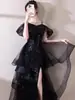 Vestido Negro de Malla con Lentejuelas Estilo Socialité Francesa Hermana Real Verano Diseño de Nicho Vestido de Banquete Falda Larga