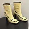 Botas de tornozelo de salto alto em couro genuíno estilo francês transfronteiriças para mulheres, bico em forma de C, fivela de cor contrastante, zíper traseiro, botas da moda, sapatos femininos multi-coloridos para comércio exterior
