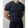 Camisa Henley de Tricô Listrado de Seda de Gelo Manga Curta Masculina Verão Secagem Rápida Estilo de Rua Europeu e Americano Slim Fit Homens Musculosos Camiseta Henley
