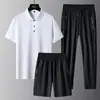 Comercio exterior verano nuevo refrescante transpirable cuello de solapa polo de seda de hielo manga corta traje de tres piezas camiseta de manga corta para hombre
