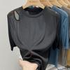 Camiseta de Manga Corta de Seda de Hielo Europea para Mujer, Moderna, Holgada, de Verano, con Cortes, Hombros Descubiertos, Delgada, con Diseño de Nicho