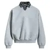 Moletom Gola Polo Falso Duas Peças Estilo Americano para Homens, Jaqueta Casual Solta de Peso Pesado para Outono e Inverno, Top de Xadrez V-Neck de Alta Inteligência