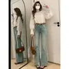 Jeans Bootcut Azul Claro de Cintura Alta para Mulheres Design Primavera e Verão 2025 Alta Elasticidade Aparência Emagrecedora Versátil Calças Slim Flare