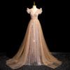 Vestido de Noite Dourado Champagne Vestido de Reunião Anual de Alto Nível Feminino Paetê Decote em V Vestido de Casamento Anfitrião Bel. Teste de Arte Vocal Solo