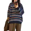 Suéter Redondo con Rayas de Contraste y Puntadas Retro 2025 Estilo Japonés Suelto Estilo Preppy Casual Tejido Superior de Otoño e Invierno para Mujer