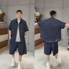 Conjunto de Shorts Jeans Retro de Manga Curta de Alta Qualidade Novo de Verão para Homens Americano Solto Versátil Casual Tendência