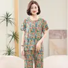 Pijama de Algodón y Seda para Mujer de Mamá, Estilo Delgado de Verano, Talla Grande de Algodón Artificial para Adultos Mayores, Nuevo Conjunto Pullover de Manga Corta