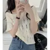 Tejido de punto de seda helada sin cierre de botón, hueco, estilo francés, manga corta, para mujer, verano, cruzado, fino, estilo occidental, blusa corta, top pequeño