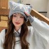 Lindo Gorro de Punto con Orejas de Gato y Mariposa para Mujer Otoño e Invierno Rostro Pequeño Gorro Bolso Cálido Protección para las Orejas Cabeza Grande Gorro de Lana