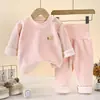 Conjunto de ropa térmica de forro polar grueso de doble cara para bebé, de cintura alta, protector de barriga, no restrictivo, estilo cárdigan, conjunto de ropa interior de capa base para otoño e invierno para lactantes