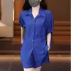 Conjunto de Temperamento Feminino Plus Size Estilo Casual Verão Solto com Bolsos Botões Camisa de Manga Curta Gola Polo Shorts