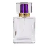 Botella de recarga de perfume transparente de 50ML con tapa de rosca y atomizador, en stock, forma cuadrada plana, tapa de colores, botella de perfume de vidrio, botella vacía