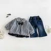 Conjunto de Dos Piezas Dianxi para Bebés y Niños Pequeños: Chaqueta Gruesa Estilo Coreano a Cuadros Forrada de Forro Polar para Bebés Niñas, Pantalones de Mezclilla Acampanados con Lazo para Invierno