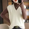 Colete de malha feminino elegante, gola V, cor sólida, sem mangas, empilhado, folgado, casual, novo para primavera e verão, algodão