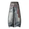 Marca de Tendencia Retro Americana Diseño de Nicho Estilo Nuevo de Primavera Cintura Doble Estampado de Leopardo Estampado de Corbata Jeans de Pierna Ancha Rasgados